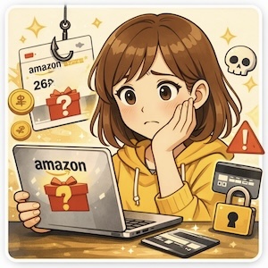 Amazonの26周年を装ったフィッシング詐欺が拡散中。5,000円クーポンに偽装した危険なリンクの見分け方と公式の安全な確認方法を解説。SNSで実際の注意喚起ポストも紹介。