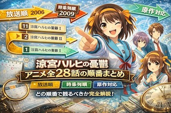 涼宮ハルヒの憂鬱アニメ全28話を放送順・時系列順で完全整理。2006年シャッフル放送と2009年版の違い、原作ライトノベルとの対応、未アニメ化・劇場版『消失』まで初心者にも分かりやすく解説します。All 28 episodes of Haruhi Suzumiya's melancholy anime are completely organized in order of broadcast and chronological order. The difference between the 2006 shuffle broadcast and the 2009 version, the correspondence with the original light novel, and the unanimated and theatrical version of "Disappearance" will be explained in an easy-to-understand way for beginners.