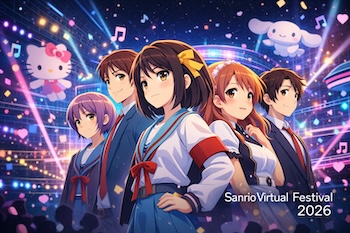 涼宮ハルヒシリーズのSOS団がSanrio Virtual Festival 2026に出演。3DCGステージ内容、声優情報、日程、VRChat・Lemino・SPWNの視聴方法、チケット、グッズ、過去開催の反響までを2026年最新情報で詳しくまとめました。にじホロを始めとするゲストの情報も
