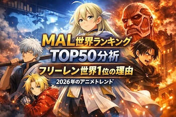 MyAnimeList世界評価TOP50をデータで分析。フリーレン1位と2位、銀魂9作、進撃の完結評価が示す2026年の世界的アニメ視聴トレンドとスコア構造を解説します。MyAnimeList world evaluation TOP 50 with data analysis. We will explain the global anime viewing trends and score structure in 2026, which are shown by the 1st and 2nd place of Freeren, the 9th Gintama, and the completion evaluation of Attack.