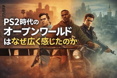 PS2時代のオープンワールドが異様に広く感じた理由を徹底解説。GTA3〜SAを軸に、面積では測れない体感の広さを設計思想と制約から検証する。Why did PS2-era open worlds feel so vast? This article breaks down GTA’s design, hardware limits, fog, gating, and UI to explain perceived scale beyond map size.